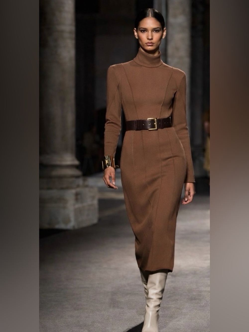Long Sleeve Turtleneck Bodycon Dress in Brown